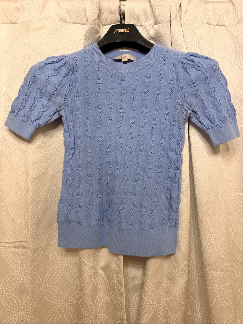 LOFT Light Blue Cable Knit Puff-Sleeve Sweater